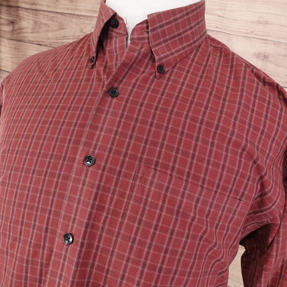 VAN HEUSEN STUDIO NO IRON RED PLAID CHECK BUTTON DOWN SHIRT MENS SIZE L 16-16.5 - Picture 2 of 6